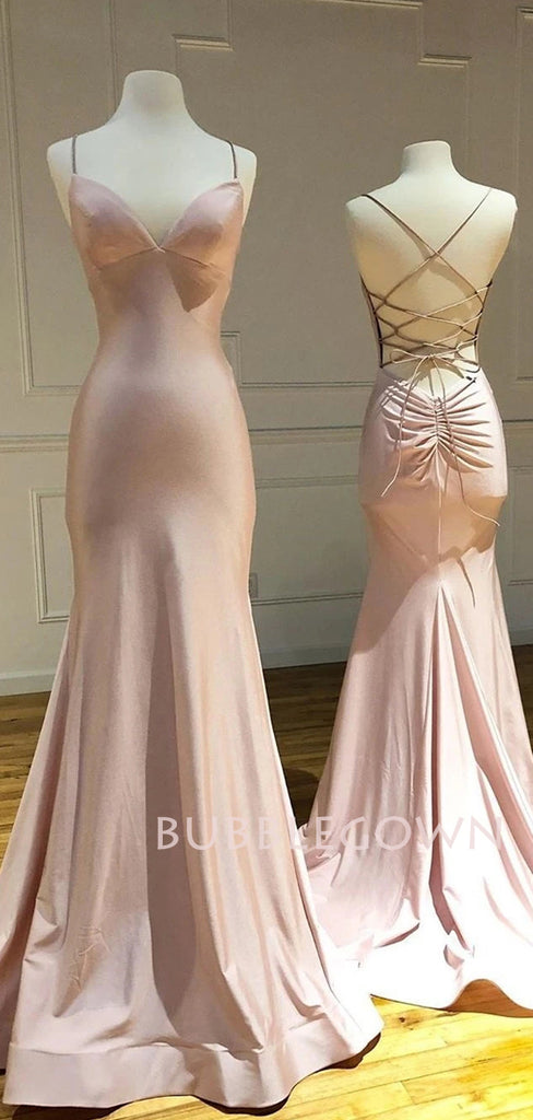 Simple Backless Mermaid Pink Satin Long Evening Prom Dresses, MR7292