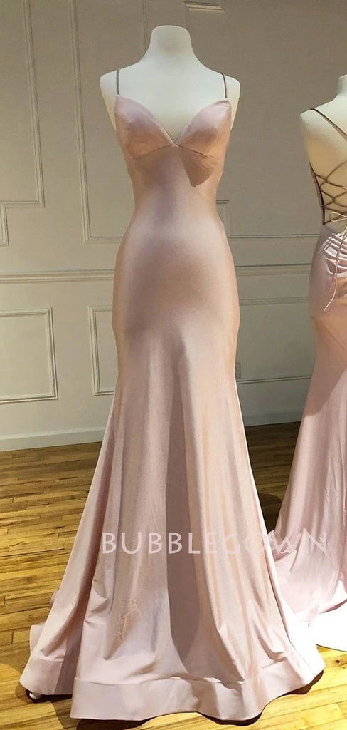 Simple Backless Mermaid Pink Satin Long Evening Prom Dresses, MR7292