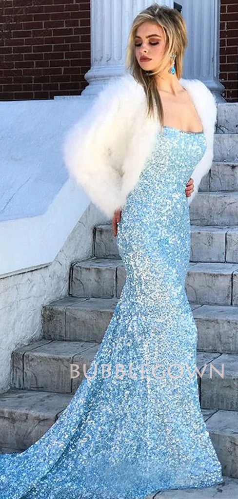Blue Sparkly Spaghetti Straps Sequin Mermaid Long Backless Evening Prom Dresses, MR7293