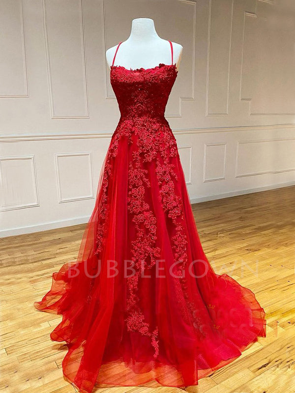 Red Lace A-Line Spaghetti Straps Long Evening Prom Dresses, Cheap Custom Prom Dress, MR7310