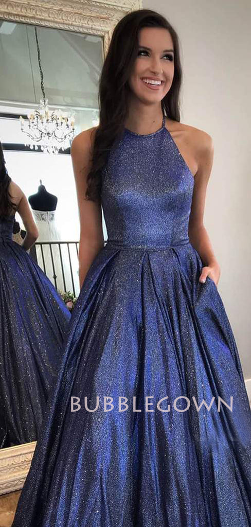 A-Line Backless Navy Blue Sparkle Long Evening Prom Dresses, Cheap Custom Prom Dresses,MR7320