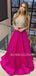 Fuchsia Satin Beaded A-Line Long Evening Prom Dresses, Cheap Custom Backless Prom Dresses, MR7353