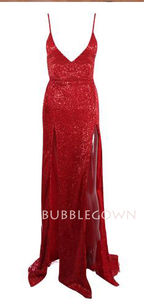 Red Sequin Mermaid Sparkly Backless Long Evening Prom Dresses, Cheap Custom Prom Dresses, MR7355