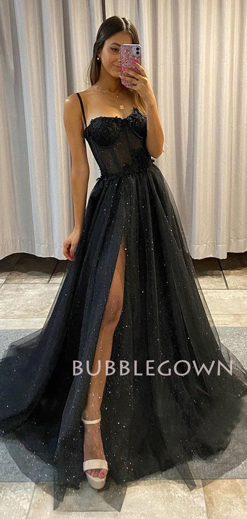 See Throuth Black Tulle A-Line Side slit Long Evening Prom Dresses, Cheap Custom Prom Dresses, MR7361