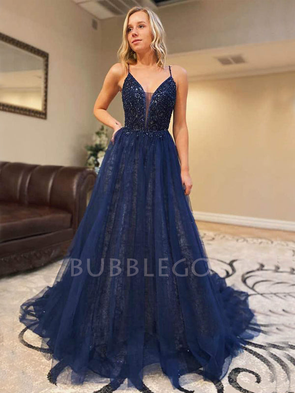 Deep V Neck Navy Blue Lace Beaded A-line Long Evening Prom Dresses, Cheap Custom V Neck Prom Dress, MR7387