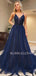 Deep V Neck Navy Blue Lace Beaded A-line Long Evening Prom Dresses, Cheap Custom V Neck Prom Dress, MR7387