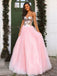 Pink Tulle A-Line Rhinestone Backless Long Evening Prom Dresses, Cheap Custom Prom Dresses, MR7393