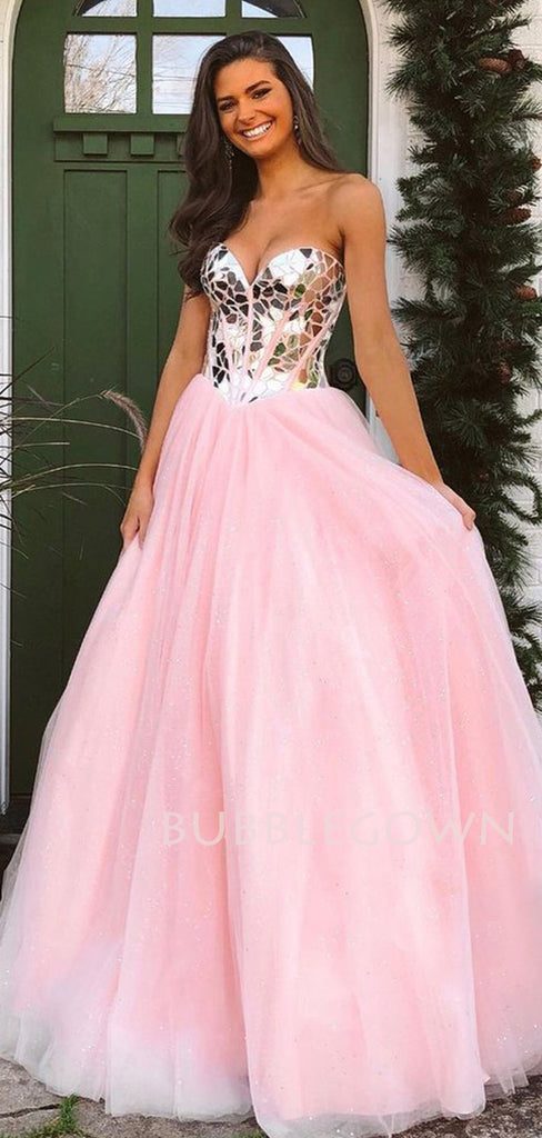 Pink Tulle A-Line Rhinestone Backless Long Evening Prom Dresses, Cheap Custom Prom Dresses, MR7393
