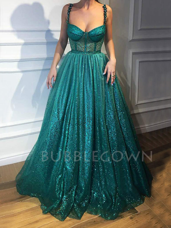 Green A-Line Sparkle Beaded Spaghetti Straps Long Evening Prom Dresses, Cheap Custom Prom Dress, MR7397