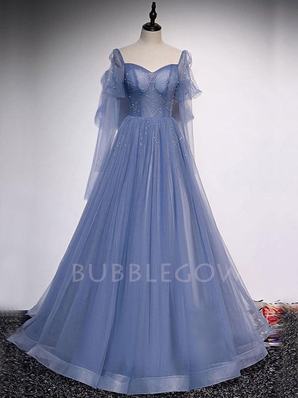 See Throuth A-line Sweetheart Dusty Blue Tulle Beaded Long Sleeves Formal Long Evening Prom Dresses, Cheap Custom Prom Dresses, MR7408