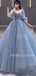 See Throuth A-line Sweetheart Dusty Blue Tulle Beaded Long Sleeves Formal Long Evening Prom Dresses, Cheap Custom Prom Dresses, MR7408