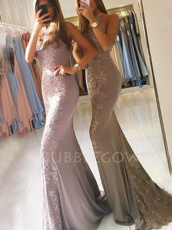 Mermaid Formal Chic Bateau Appliques Lace Long Evening Prom Dresses, Cheap Custom Prom Dresses, MR7414