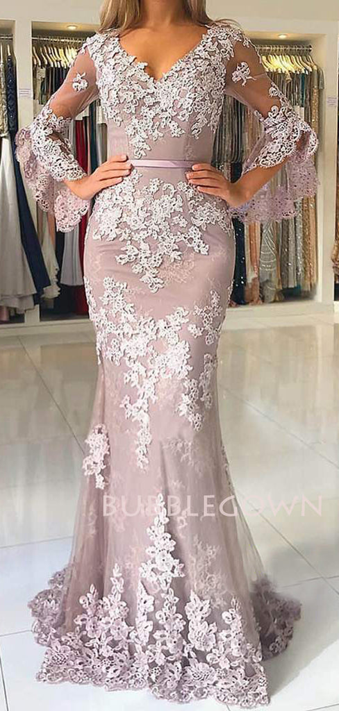 See Throuth Long Sleeves Grey Appliques V Neck Mermaid Lace Long Evening Prom Dresses, Cheap Custom Prom Dresses, MR7417