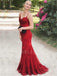 Burgundy Tulle Appliques Spaghetti Straps V Neck Mermaid Lace Long Evening Prom Dresses, Cheap Custom Prom Dresses, MR7420