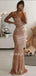 Gold Sequin Spaghetti Straps V Neck Mermaid Long Evening Prom Dresses, Cheap Custom Prom Dresses, MR7421