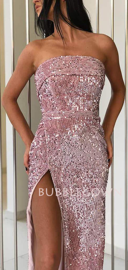 Pink Sequin Side Slit Strapless Long Evening Prom Dresses, Cheap Custom Prom Dresses, MR7422