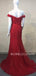 Off Shoulder Red Mermaid Beaded Long Evening Prom Dresses, MR7429