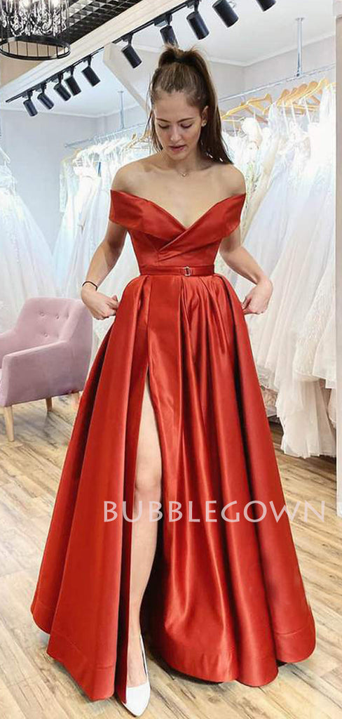 Orange Satin Off Shoulder Side Slit Long A-line Evening Prom Dresses, Cheap Custom prom dresses, MR7435