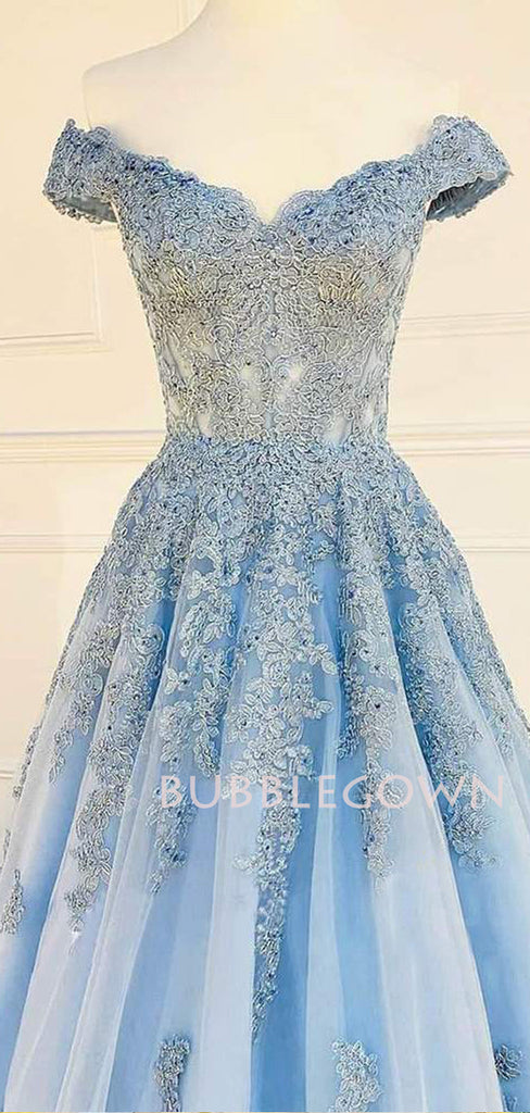 Off Shoulder A-line Blue Tulle Appliques Lace Long Evening Prom Dresses, Cheap Custom Prom Dresses, MR7441