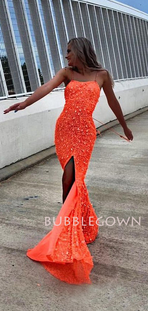 Orange Spaghetti Straps Mermaid Beaded Long Evening Prom Dresses, MR7450