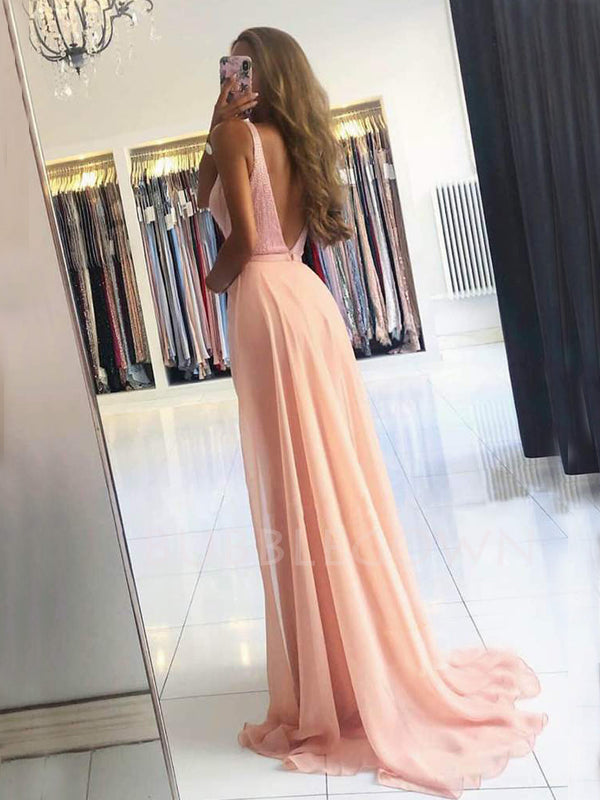 Deep V Neck Mermaid Beaded Pink Long Evening Prom Dresses, Cheap Custom Prom Dresses, MR7454