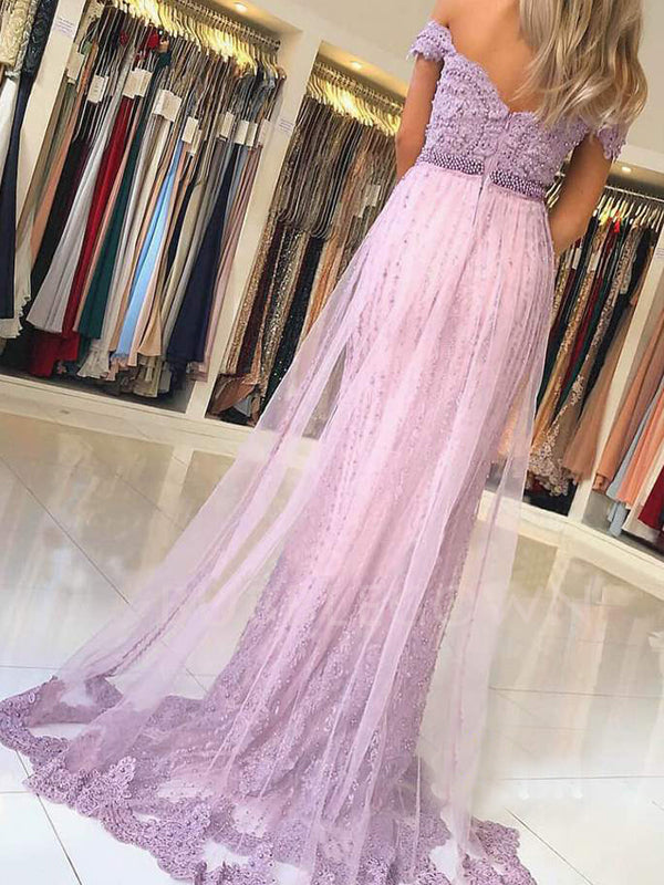 Off Shoulder Lavender Lace Mermaid Beaded Long Evening Prom Dresses, MR7457