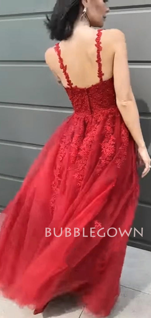 A-line Red Lace Appliques V-neck Tulle Long Evening Prom Dresses, Cheap Custom Prom Dress, MR7464