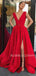 Deep V Neck Satin Long Side Slit Evening Prom Dresses, Cheap Custom prom dresses, MR7365