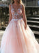 Pink Tulle See Throuth V Neck Appliques Lace A-line Long Evening Prom Dresses, Cheap Custom V Back Prom Dress, MR7466