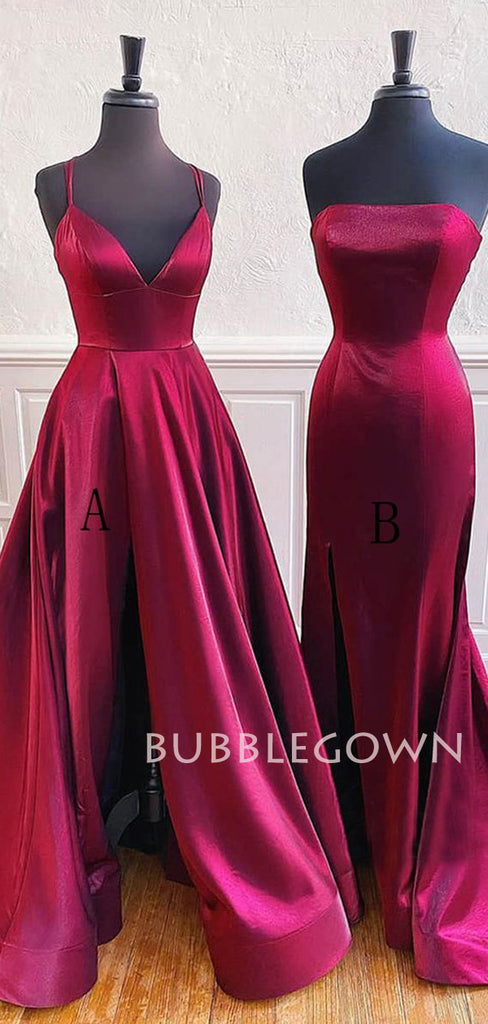 Burgundy Satin A-line/Mermaid Long Evening Prom Dresses, Cheap Custom Prom Dresses, MR7474