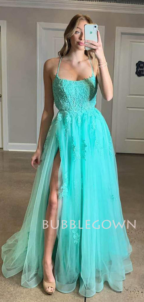 A-line Spaghetti Straps Tulle Side Slit Lace Long Evening Prom Dresses, MR7485