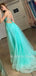 A-line Spaghetti Straps Tulle Side Slit Lace Long Evening Prom Dresses, MR7485