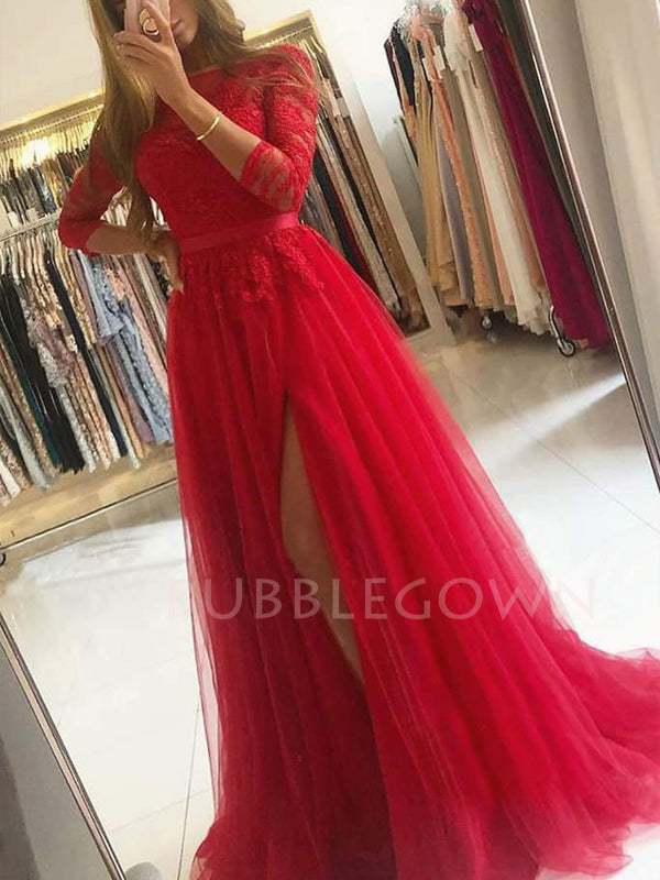 A-line See Throuth Long Sleeves Tulle Side Slit Long Lace Evening Prom Dresses, Cheap Custom V Neck Prom Dress, MR7505