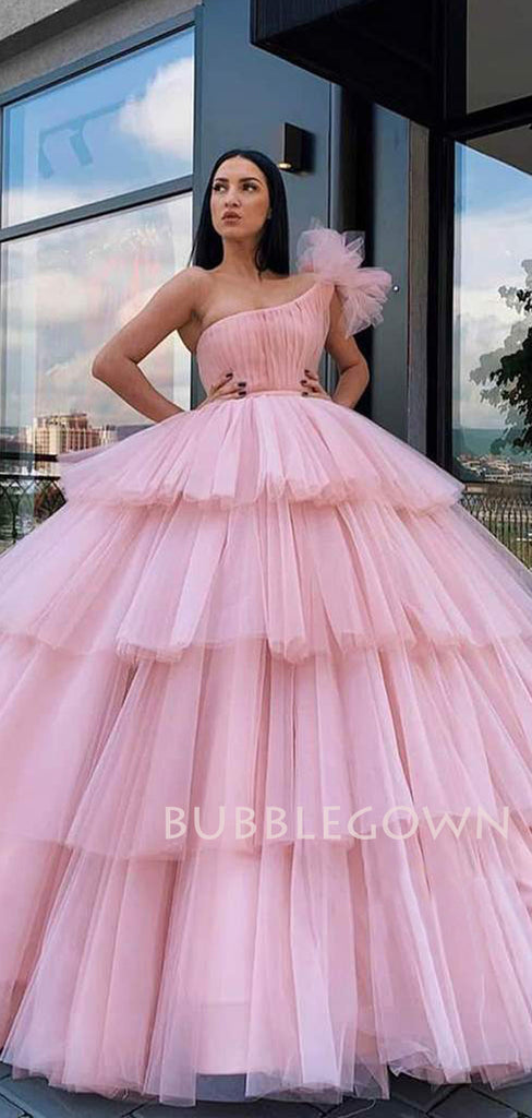 One Shoulder Pink Tulle Ball Gown Long Evening Prom Dresses, Cheap Custom Prom Dresses, MR7519