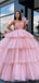 One Shoulder Pink Tulle Ball Gown Long Evening Prom Dresses, Cheap Custom Prom Dresses, MR7519