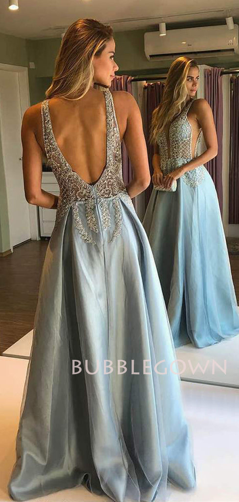 Sexy See Throuth V Neck A-Line Beaded Long Backless Evening Prom Dresses, Cheap Custom prom dresses, MR7546
