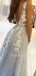 A-line V Neck Grey Tulle Appliques Lace Long Evening Prom Dresses, Cheap Custom Prom Dresses, MR7551