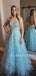 Exquisite See Throuth Blue Lace A-line Spaghetti Straps Long Evening Prom Dresses, Cheap Custom Prom Dresses, MR7555