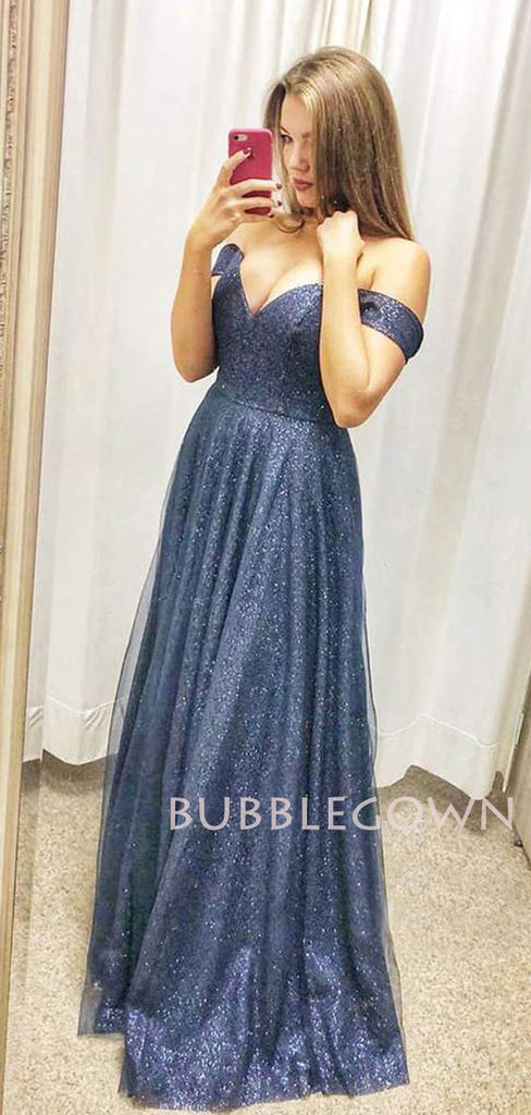 Navy Blue Tulle Off Shoulder A-line Long Sparkly Evening Prom Dresses, Cheap Custom Prom Dress, MR7572