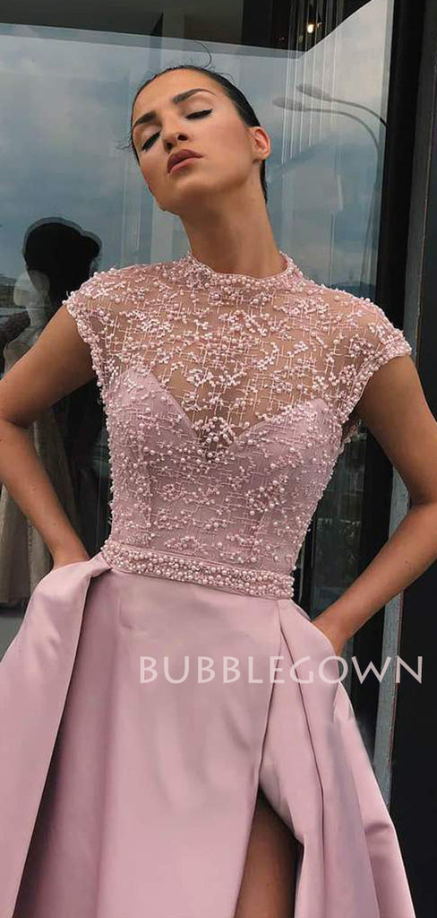 A-Line Pink Satin Beaded Long Side Slit Evening Prom Dresses, Cheap Custom prom dresses, MR7575