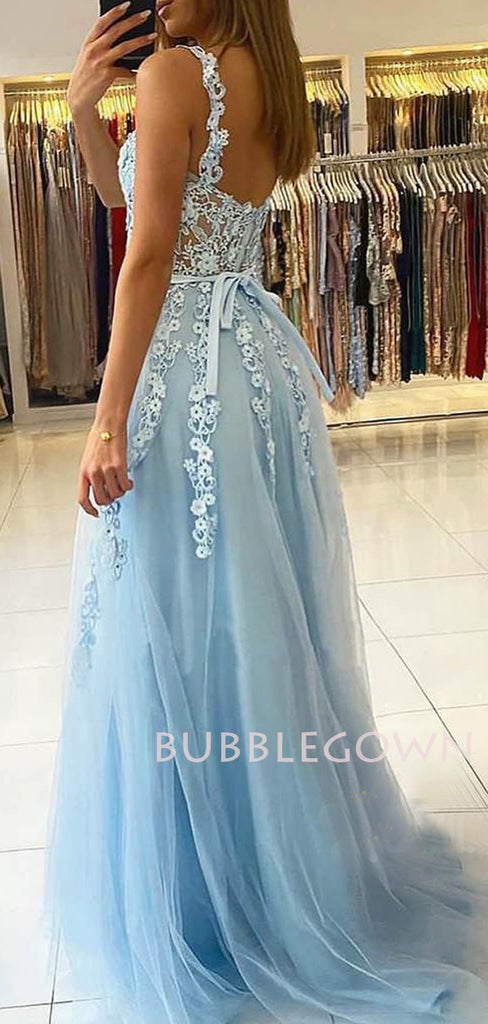 Blue Tulle Appliques A-line Lace Long Strapless Evening Prom Dresses, Cheap Custom Prom Dresses, MR7577