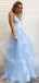 A-line Blue Tulle Spaghetti Straps Long V Neck Evening Prom Dresses, Cheap Custom Prom Dresses, MR7580