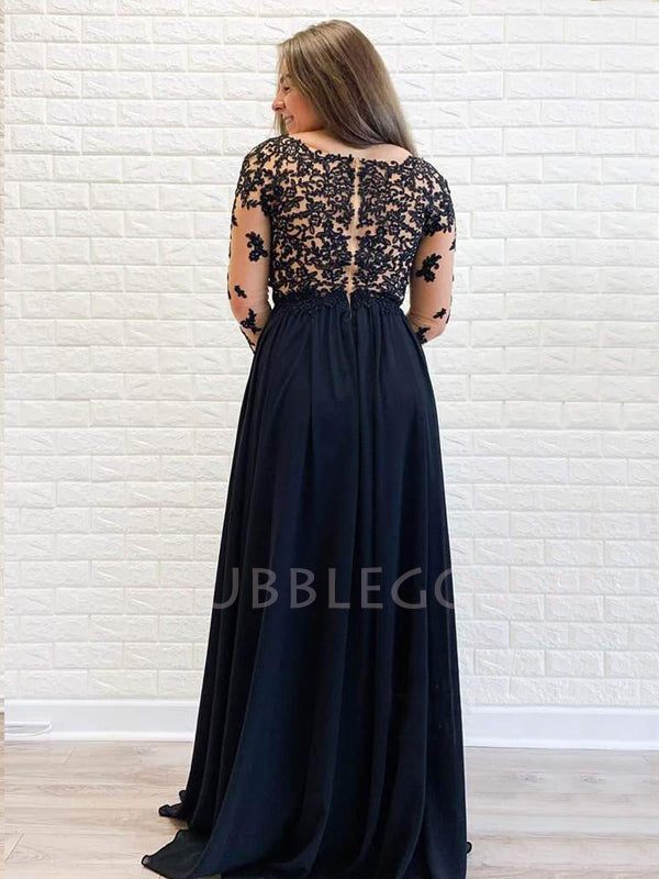 Long Sleeves Appliques Black Chiffon Long Evening Prom Dresses, Cheap Custom Prom Dresses, MR7585