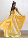 Sweet Yellow Satin V Neck A-line Spaghetti Straps Simple Long Evening Prom Dresses, Cheap Custom prom dresses, MR7587