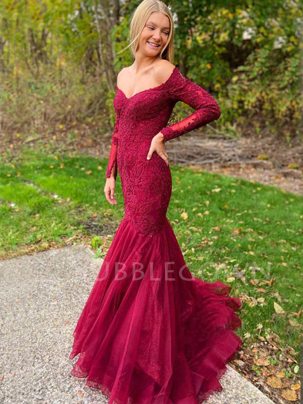 Off Shoulder Long Sleeves Burgundy Tulle Appliques Mermaid Lace Long Evening Prom Dresses, MR7590