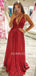 Deep V Ncek Sparkle A-Line Red Long Evening Prom Dresses, MR7598
