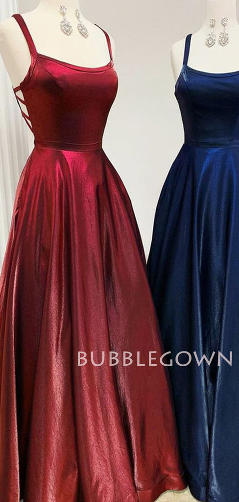 A-line Burgundy Satin Spaghetti Straps Backless Long Evening Prom Dresses, Cheap Custom prom dresses, MR7612