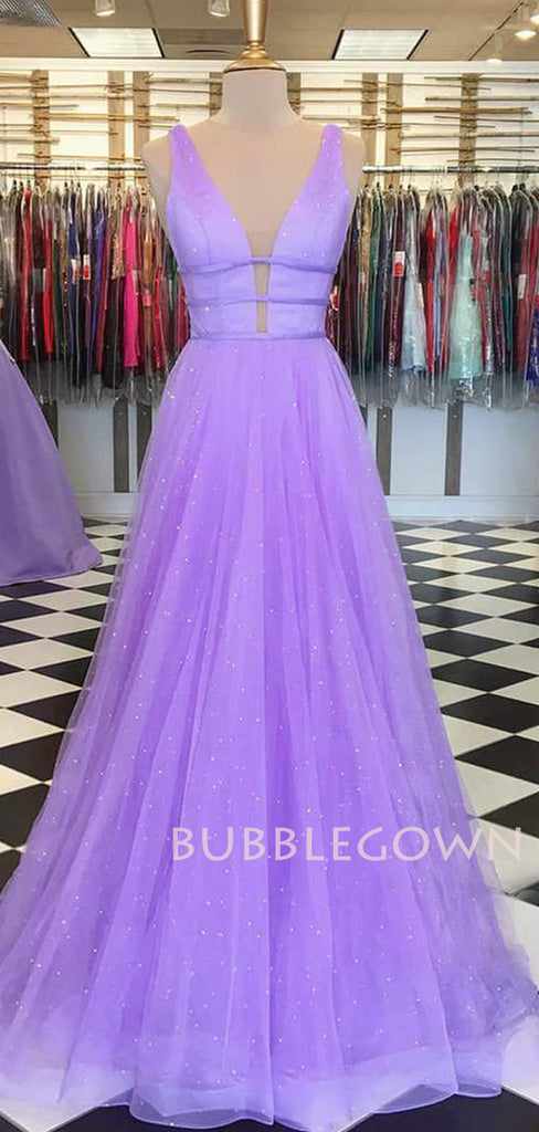 A-line Lavender Tulle Attractive V-neck Sparkle Long Evening Prom Dresses, Cheap Custom Dresses,MR7631