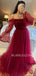 Off Shoulder Long Sleeves Burgundy Tulle Long Evening Prom Dresses, Cheap Custom Prom Dress, MR7641