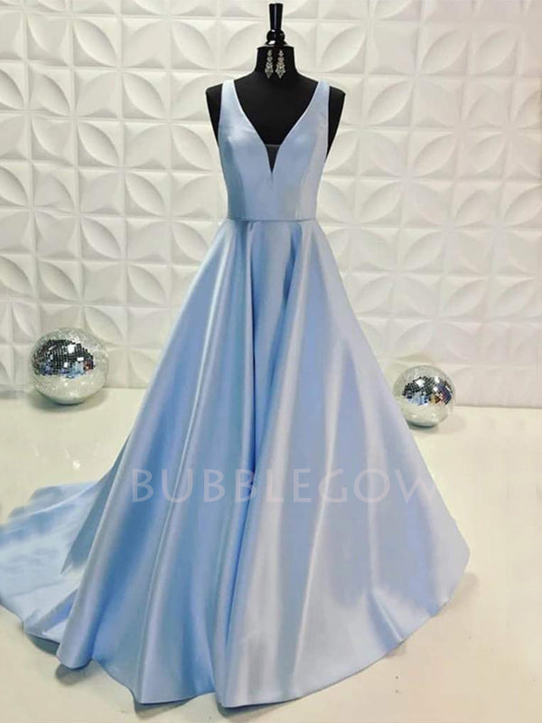 A-line Yellow Satin V Neck Long V-back Evening Prom Dresses, Cheap Custom prom dresses, MR7646